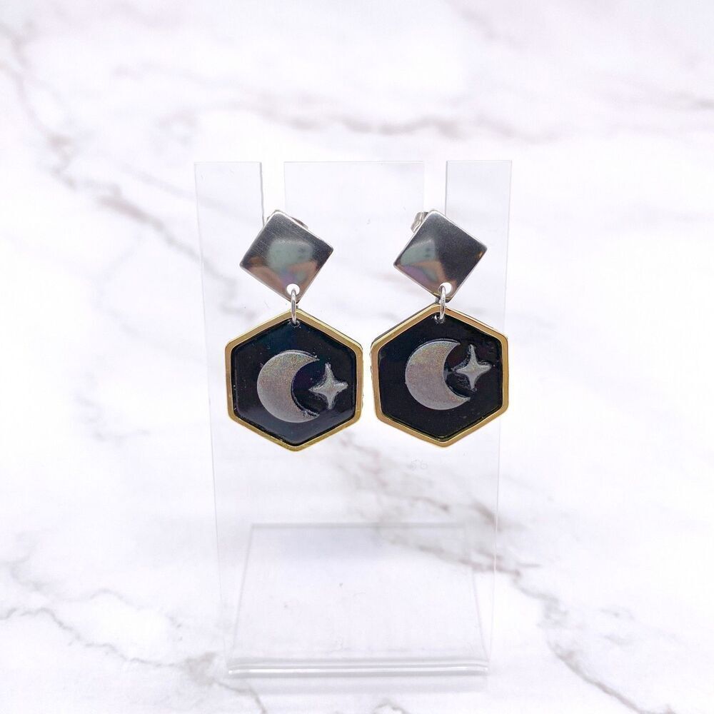 Black Holographic Celestial Crescent Moon Dangle Stud Earrings - Picture 2 of 15